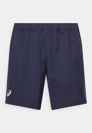Shorts de sport bleu marine en tissu léger, avec une taille élastique et un petit logo sur la jambe gauche.