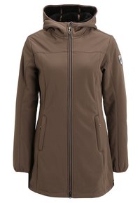 Veste à capuche marron avec fermeture éclair à l'avant, texture douce, deux poches latérales, et intérieur doublé de fourrure. Comprend des détails cousus et un logo sur la manche.