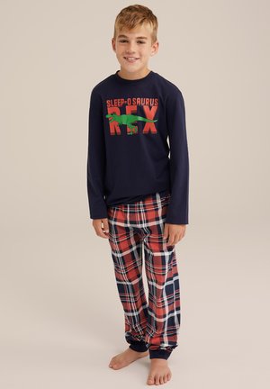Cămașă cu mâneci lungi navy cu grafică "SLEEP-O-SAURUS REX", asociată cu pantaloni de pijama în carouri roșu, navy și alb, cu un elastic în talie.