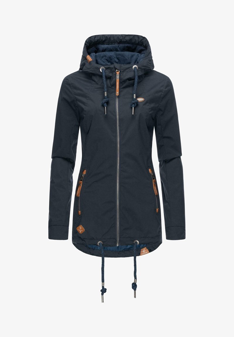 Navy windbreaker jacket with a hood, adjustable drawstrings, zip closure, and contrasting inner lining. Features leather accents and side pockets.