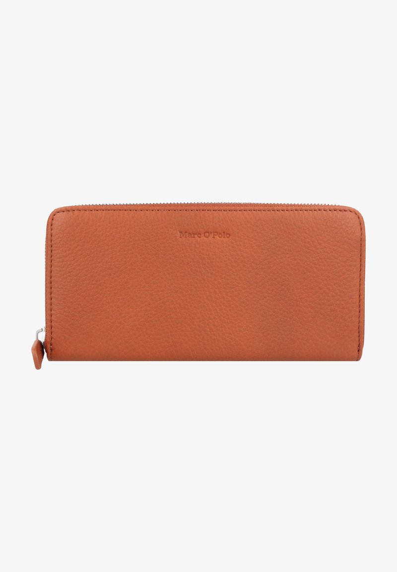 Tan leather wallet featuring a textured finish, zip closure, and embossed brand logo. Compact, rectangular shape with a smooth trim.