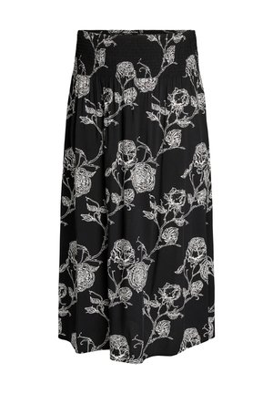 Musta midi-hame, jossa korkea resoroitu vyötärö ja tasaisesti jakautunut valkoinen kukkainen köynnöskuvio.