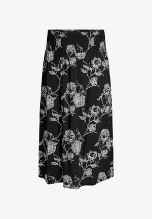 Must must midi seelik, millel on kõrge smockitud vöökoht ja valge lillelislehtede muster, mis on ühtlaselt jaotatud.