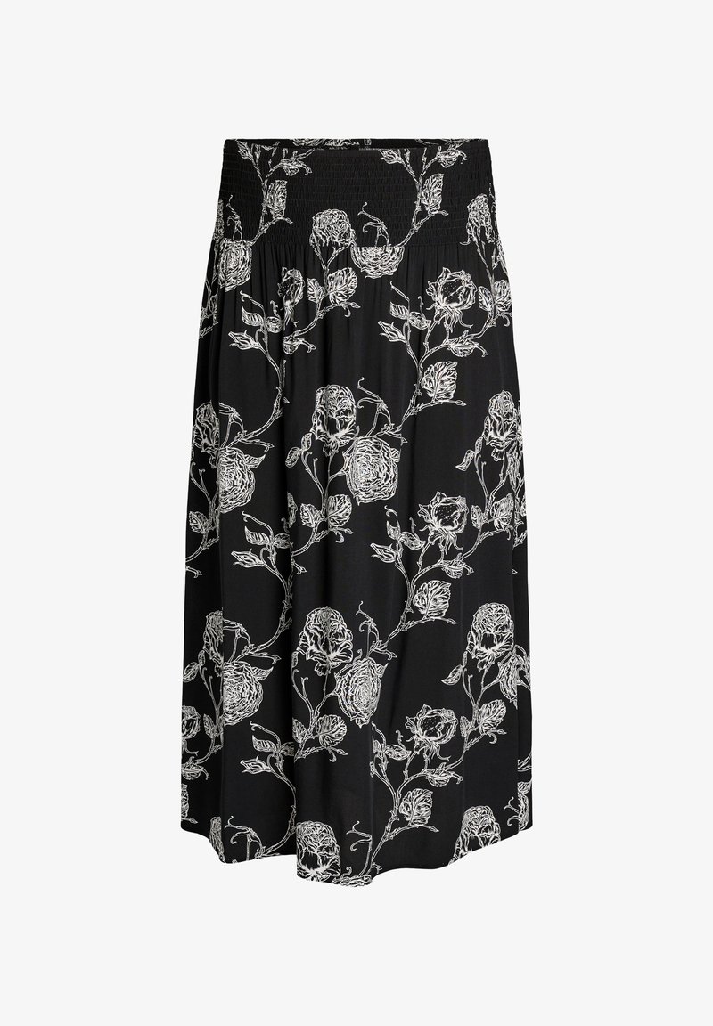 Sort midi-nederdel med høj smocket talje og hvidt mønster af blomsterranker jævnt fordelt.