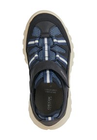 Zapatilla azul marino con parte superior de textil, suela de goma, cordones elásticos y tira autoadhesiva. Presenta acentos de rayas blancas y plantilla texturizada.