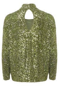 Top verde con paillettes, maniche lunghe, tessuto a coste e scollatura con apertura a occhiello sul colletto.