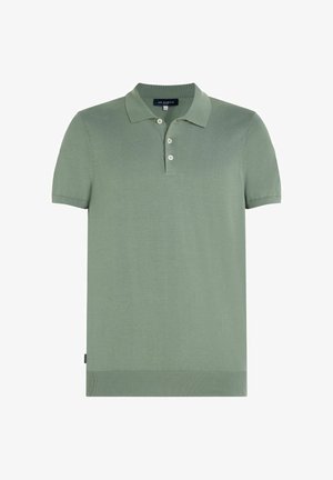 Short-sleeve light green polo shirt with collar and three white buttons, knit hem, and a small logo tag on the left side.