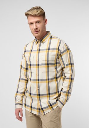 Langarm overhemd in crème met een gele en grijze ruitpatroon, voorzien van twee borstzakken en een button-down kraag.