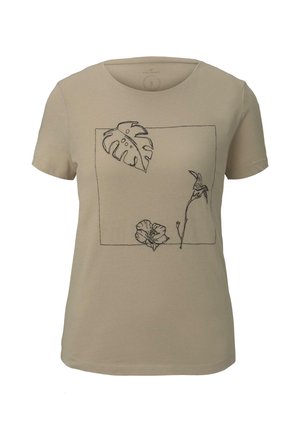 Beige bomulds t-shirt med sorte, stregtegnede blomster- og bladmotiver inden for en rektangulær ramme på forsiden. Korte ærmer og rund hals.