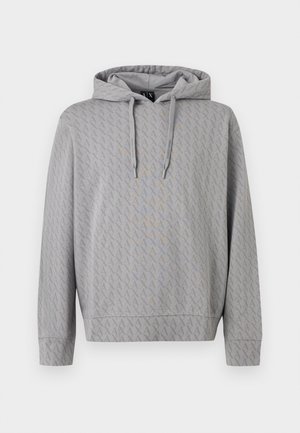 Helehall kapuutsiga dressipluus, mis on kaetud peene "A|X" logomustriga ning millel on nööriga kapuuts, esitatud lihtsal taustal.