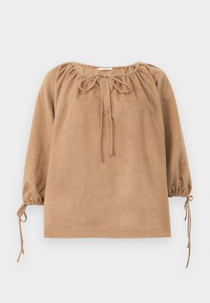 Brown, soft fabric top with a gathered neckline, drawstring ties, and puffed sleeves with tie details at the cuffs. Casual fit, minimal design.