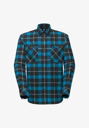 Niebieska i czarna koszula w kratę z długim rękawem, z zapięciem na guziki z przodu, dwiema kieszeniami na piersi z guzikami oraz klasycznym kołnierzykiem.