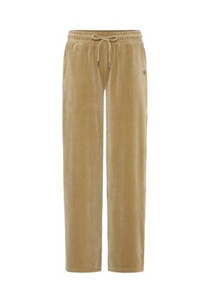 Beige corduroy pants with a relaxed fit, featuring an elastic waistband, drawstring closure, and side pockets.