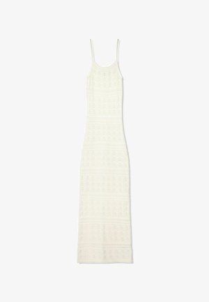 Strick-Midi-Kleid in Creme, mit dünnen Trägern, elongated Form und einem strukturierten Muster mit horizontalen Linien und Durchbrüchen.