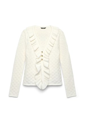 Cardigan bianco lavorato a maglia con maniche lunghe, motivo a diamante, rifinitura arricciata lungo la scollatura a V e sul davanti, e tre piccoli bottoni dorati.