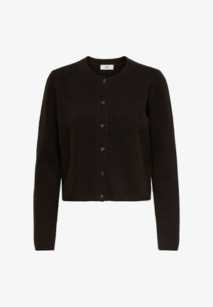 Cardigan marrón oscuro con un cuello redondo, cierre frontal de botones, detalles acanalados a lo largo de la abertura, y mangas largas. Textura suave.
