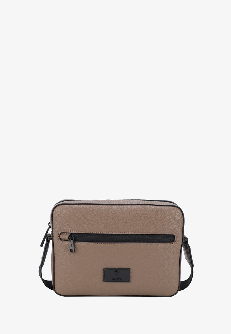 Borsa a tracolla in pelle beige testurizzata con dettagli neri, chiusura a zip e tasca frontale. Forma rettangolare con tracolla regolabile.