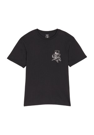 Czarny t-shirt z krótkim rękawem z białą grafiką przedstawiającą szkielet w cylindrze, palącego cygaro i trzymającego kości na lewym piersiu.