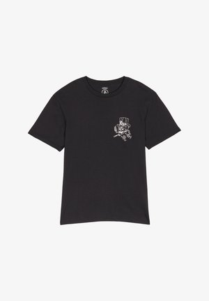 Czarny t-shirt z krótkim rękawem z białą grafiką przedstawiającą szkielet w cylindrze, palącego cygaro i trzymającego kości na lewym piersiu.