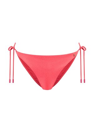 Koraalroze bikini onderbroek met verstelbare strikbandjes. Gladde textuur, gevoerd interieur, lichte glans en een klein logoaccent aan de zijkant.