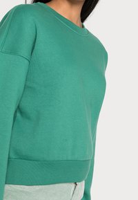 Felpa verde in cotone con colletto a girocollo, polsini a costine e orlo leggermente accorciato, caratterizzata da una texture liscia e una vestibilità casual.