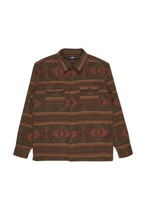 Langarmshirt in aardetinten van bruin en groen, met een ingewikkeld patroon, twee borstzakken en een knoopsluiting aan de voorkant.