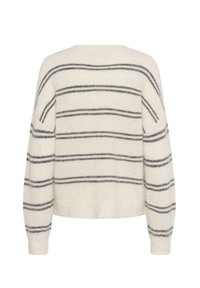 Tejfehér pulóver fekete vízszintes csíkokkal, puha, bolyhos anyagból készült. Kerek nyakkivágással és laza, bő ujjakkal rendelkezik.