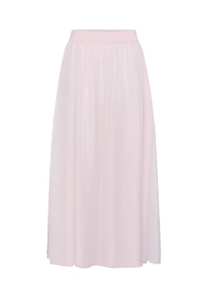 Light pink, floor-length skirt made of sheer fabric with a soft, elastic waistband. Features pleats for added texture and flow.