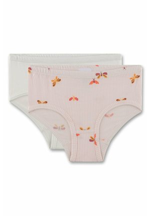 Zwei Paare Kinderunterhosen: eine weiße, eine hellrosa mit einem Streifenmuster und Schmetterlingsmotiven in Orange und Lila. Aus weichem Baumwollmaterial.