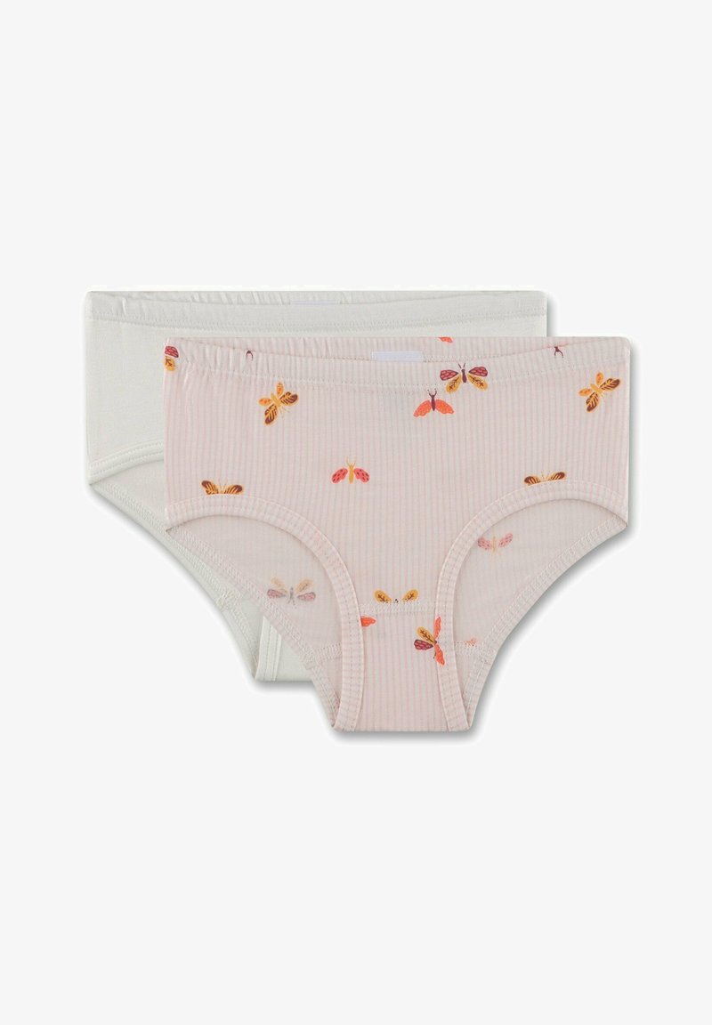 Due paia di mutandine per bambini: una bianca e una rosa chiaro con un motivo a righe e stampe di farfalline in arancione e viola. Materiale in cotone morbido.