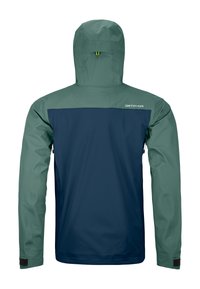 Waterproof jacket featuring a two-tone design in green and navy, with a hood and side zip pockets. Smooth texture and adjustable details.
