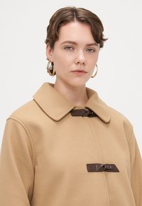 Šviesiai rudas vilnonis paltas su dideliu apykakle ir rudos odos užsegimais. Lygi tekstūra, pritaikyta lieknam siluetui. Fonas neutralus pilkas.