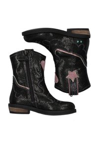 Black faux leather ankle boots featuring a textured surface, pink and blue accents, side zipper, and a wooden heel. Star detail on the back.