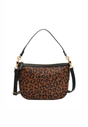 Sac bandoulière marron avec imprimé léopard noir, quincaillerie dorée et une bandoulière noire réglable. Fermeture éclair sur le dessus. Surface texturée.