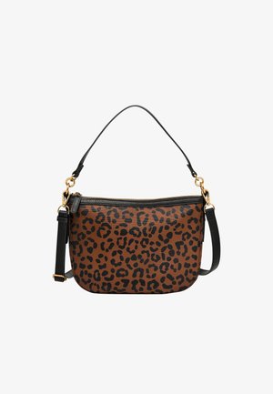 Brown crossbody bag with black leopard print, gold-tone hardware, and a black adjustable strap. Zipper closure at the top. Textured surface.