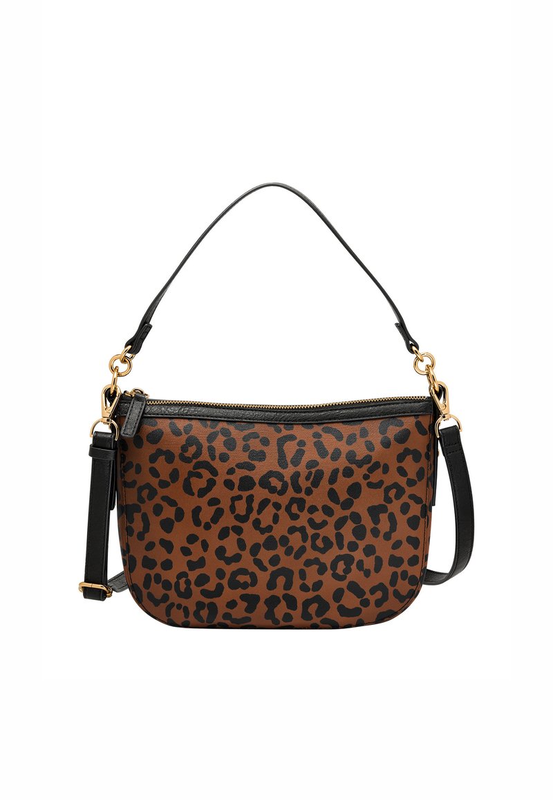 Bolso cruzado marrón con estampado de leopardo negro, herrajes en tono dorado y una correa ajustable negra. Cierre de cremallera en la parte superior. Superficie texturizada.