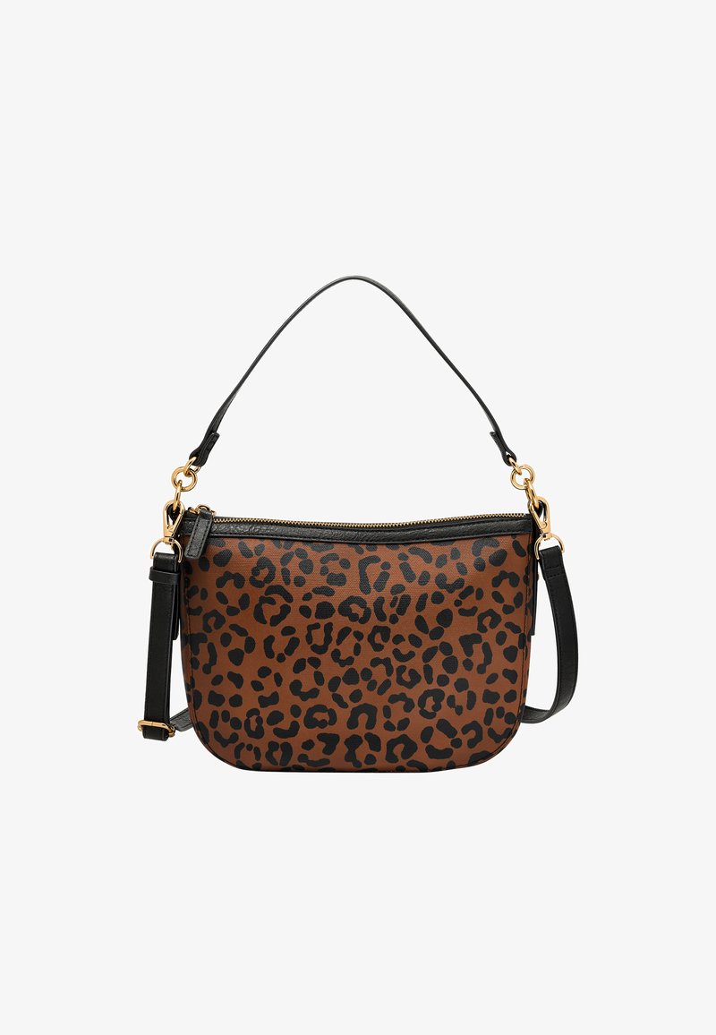 Borsa a tracolla marrone con stampa leopardata nera, finiture in metallo dorato e tracolla nera regolabile. Chiusura a zip nella parte superiore. Superficie testurizzata.