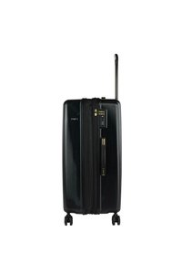 Maleta rígida negra con superficie lisa, asa retráctil, cierre de cremallera y cuatro ruedas para un fácil desplazamiento.