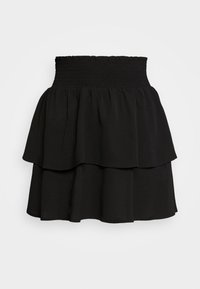 Gonna nera a strati con vita smockata. Presenta due strati arricciati e un tessuto morbido e strutturato. Design semplice e versatile.