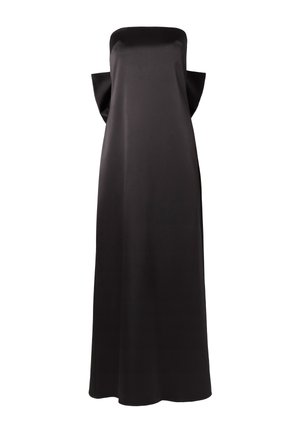 Black, strapless, floor-length dress with a smooth texture and wide sleeves. Simple design without patterns or embellishments.