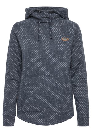 Navy sweatshirt with a hood, featuring a polka dot pattern in light blue, front pocket, and ribbed cuffs, made from soft fabric.