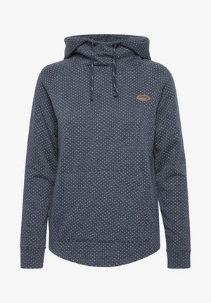 Navy sweatshirt with a hood, featuring a polka dot pattern in light blue, front pocket, and ribbed cuffs, made from soft fabric.