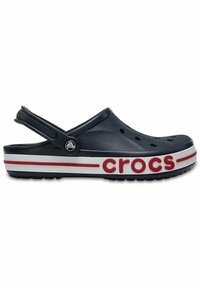 Navy blue Crocs clogs with a white and red striped sole. Features ventilation holes and a back strap with a logo accent.
