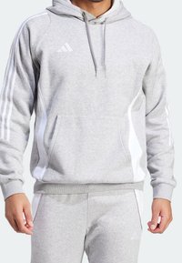 Grijze hoodie met witte accenten en drie strepen op de mouwen. Beschikt over een voorzak en een verstelbare trekkoordkap. Zachte, gestructureerde stof.