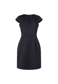 Robe bleu marine avec manches capes et taille cintrée. Présente un tissu texturé subtil et une fermeture éclair courte au dos.