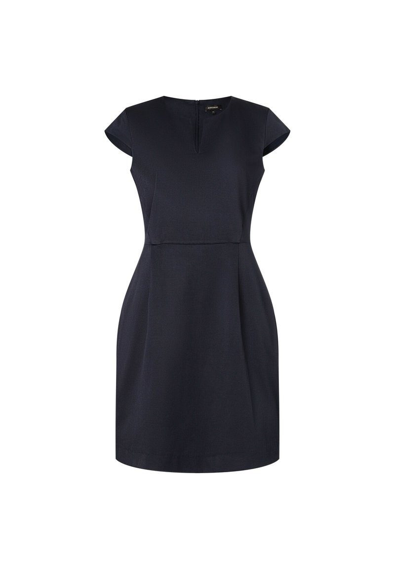 Robe bleu marine avec manches capes et taille cintrée. Présente un tissu texturé subtil et une fermeture éclair courte au dos.