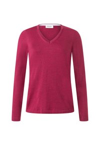 Langere mouwen, V-hals trui in een diepe roze tint. Gemaakt van een zachte gebreide stof, met ribbels aan de randen van de mouwen en de zoom.