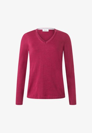 Langärmliger Pullover mit V-Ausschnitt in einem tiefen Pinkton. Hergestellt aus einem weichen Strickmaterial, mit gerippten Kanten an den Bündchen und dem Saum.