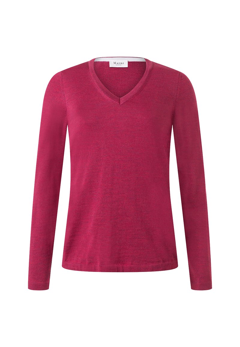 Langere mouwen, V-hals trui in een diepe roze tint. Gemaakt van een zachte gebreide stof, met ribbels aan de randen van de mouwen en de zoom.