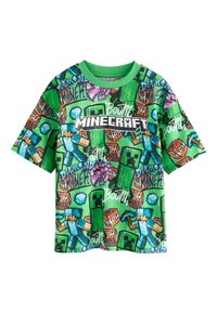 Groen T-shirt met korte mouwen met Minecraft-afbeeldingen, waaronder personages, blokken en elementen zoals diamanten, TNT en Creepers, met een ronde hals.
